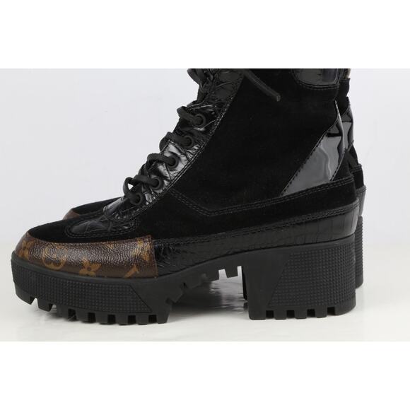 LOUIS VUITTON Boots Suede Monogram Laureate Platform Lace Desert Combat Size 37 - Picture 10 of 16